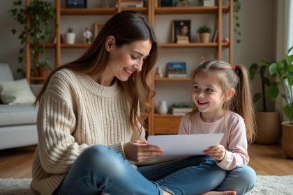 Maman et fille discutent dans un salon chaleureux