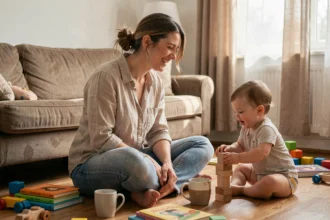 Maman imparfaite mais aimante assise sur le sol du salon avec son tout-petit, entourée de jouets éparpillés, riant dans une ambiance familiale authentique