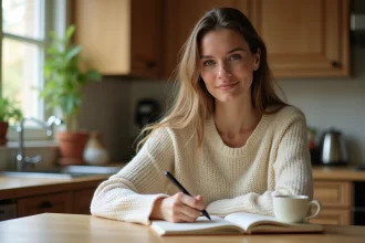 Maman en pull crème écrivant dans un journal sur une table en bois dans une cuisine chaleureuse, symbole de reprise de confiance en soi