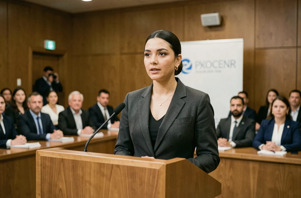 Personnalité médiatique féminine prenant la parole lors d'une conférence de presse dans une salle officielle face aux journalistes