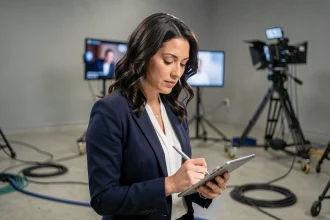 Journaliste professionnelle dans les coulisses d'un studio de télévision, consultant ses notes sur une tablette avant une émission en direct