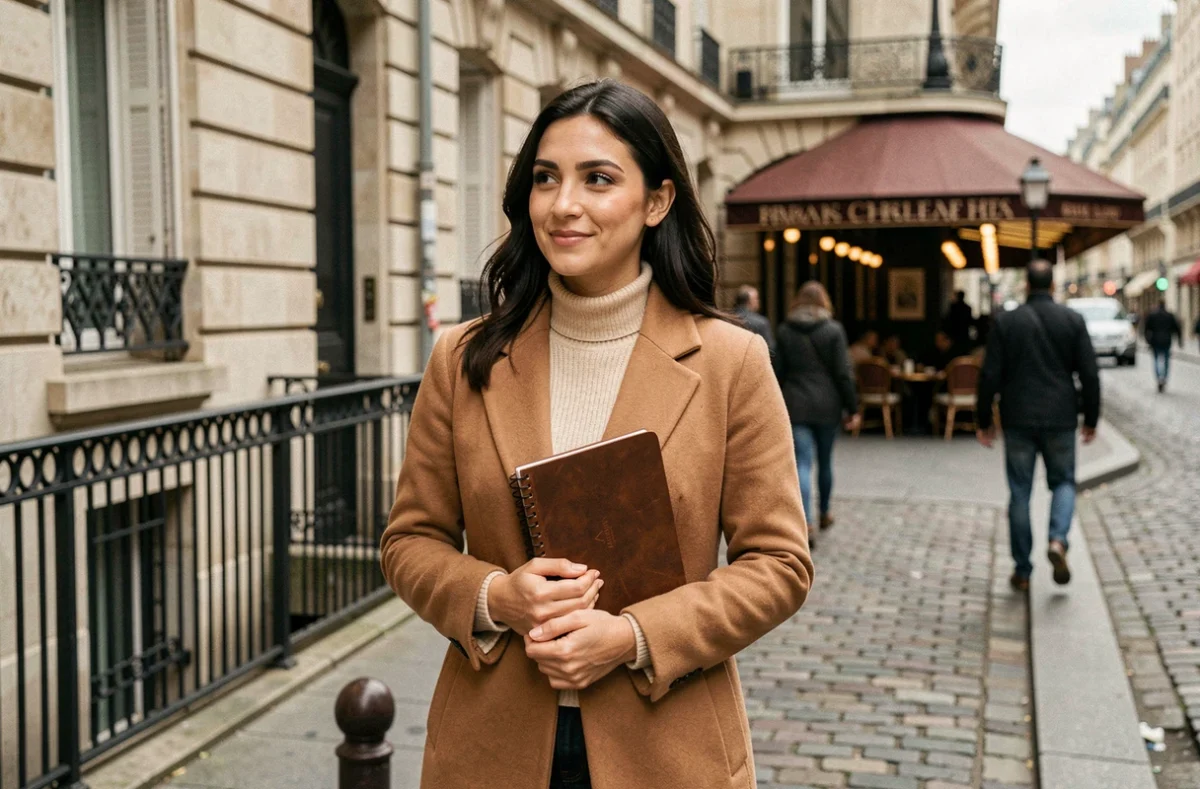 Journaliste féminine marchant discrètement dans une rue parisienne, alliant vie privée et présence médiatique dans un cadre urbain authentique