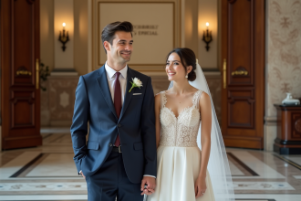 Jeune couple marié dans la mairie élégante