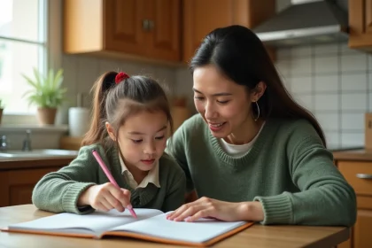 Mère aidant sa fille à réviser ses leçons dans la cuisine familiale, suivi scolaire à domicile après séparation des parents
