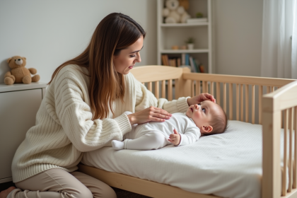 Mère apaisante son bébé dans une chambre moderne et calme