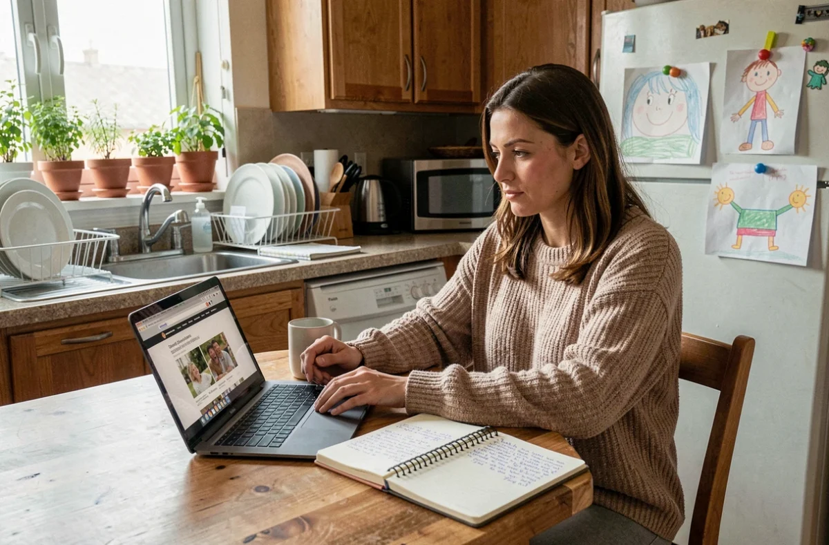 Mère naviguant sur un blog parental depuis sa cuisine, entourée de notes et d'un ordinateur portable, dans un intérieur familial réaliste et chaleureux