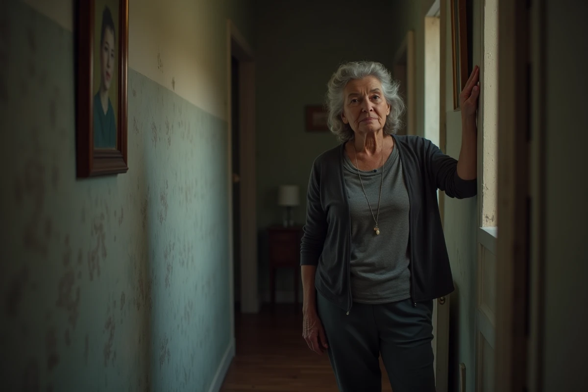 Femme d'âge mûr dans un couloir de maison française regardant un portrait de famille, illustrant le destin des parents dans l'histoire vraie du film