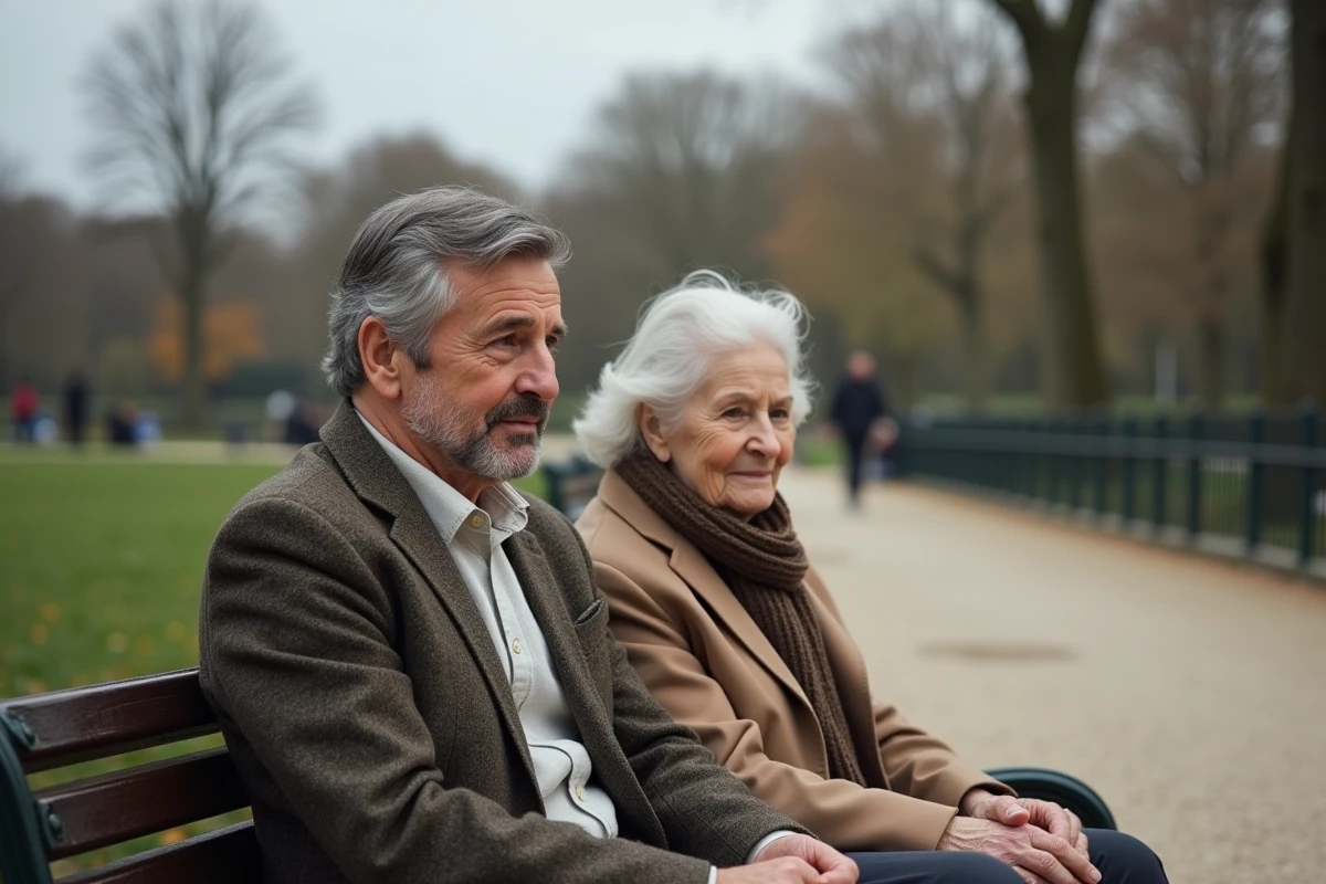 Homme et femme âgée partageant un moment de complicité dans un jardin public français, symbolisant les liens familiaux et affectifs