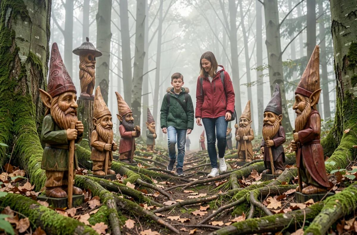 Parent et deux adolescents découvrant les sculptures d'elfes et de gnomes en bois sculptés sur le sentier féerique du Monde des Bretz'Elfes en Alsace
