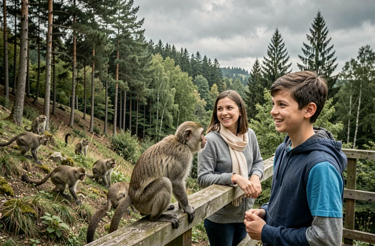 Famille avec un adolescent observant des macaques de Barbarie en liberté sur la colline boisée de la Montagne des Singes à Kintzheim