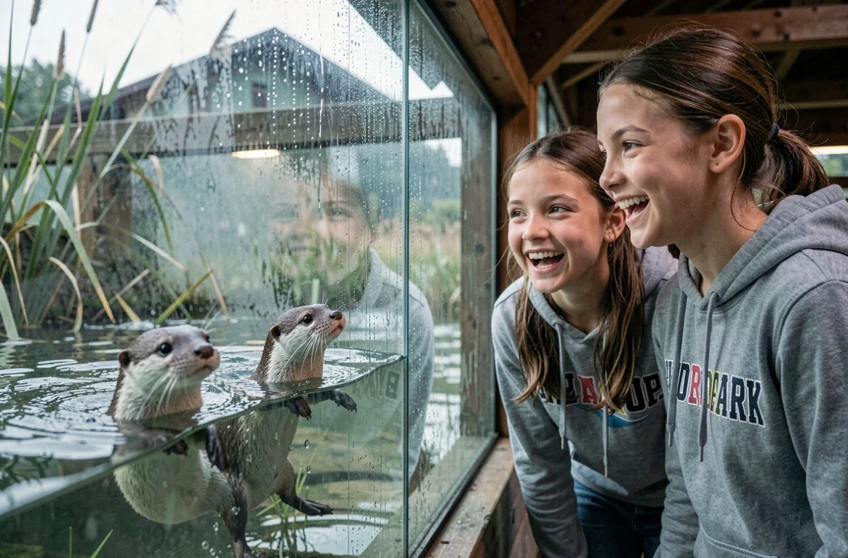 Mère et adolescente observant des loutres jouant dans leur enclos aquatique au Naturoparc d'Hunawihr en Alsace