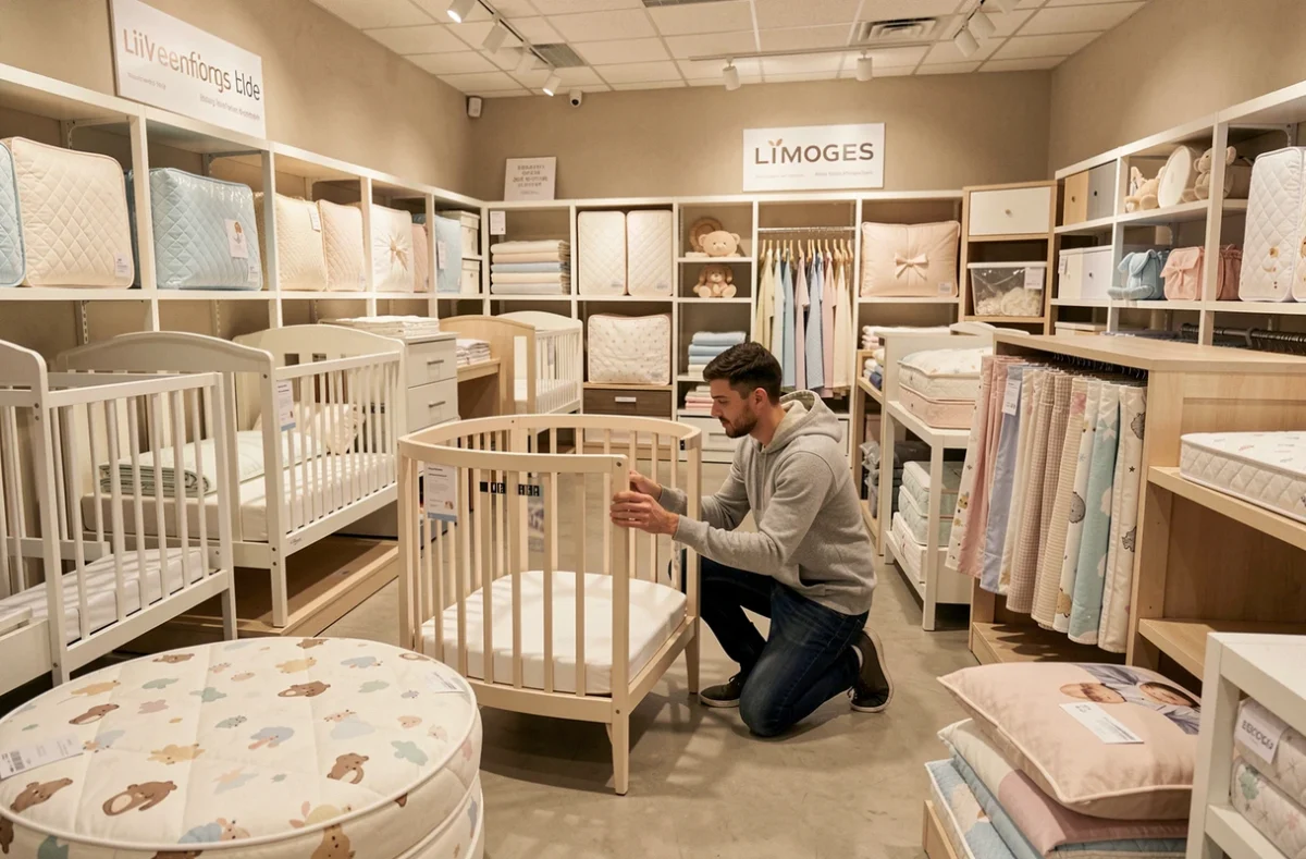 Magasin New Baby à Limoges avec mobilier de chambre bébé et literie exposés en showroom