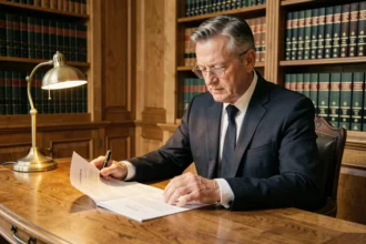 Notaire en costume sombre examinant un testament dans un bureau traditionnel avec bibliothèque juridique