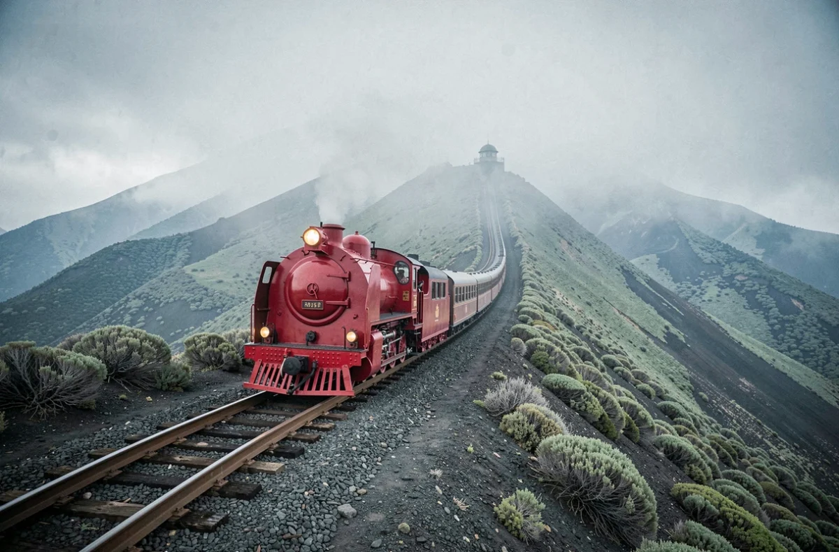 Train à crémaillère Panoramique des Dômes gravissant le Puy de Dôme dans le brouillard
