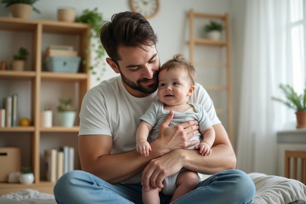 Père tenant son bébé de 9 mois dans une nurserie lumineuse