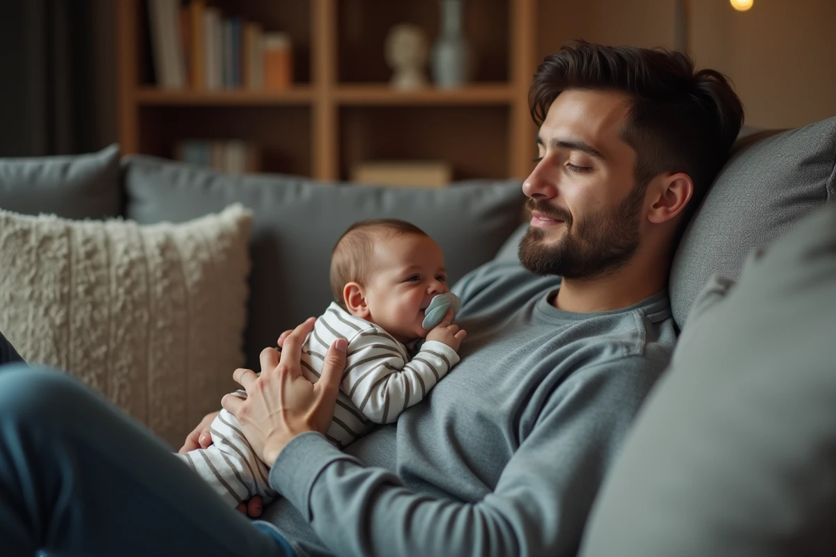 Pere tenant son bebe endormi sur un canapé douillet
