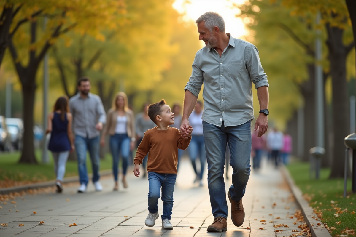 Père tenant la main de son fils dans un parc urbain