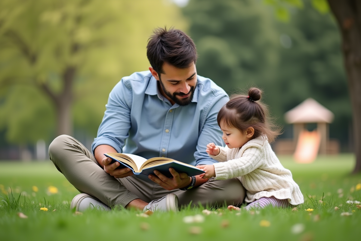 Père montrant un livre à sa fille dans un parc en plein air