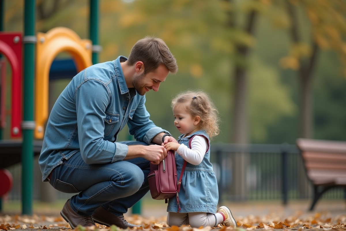 Père et sa fille dans un parc avec équipement de jeux