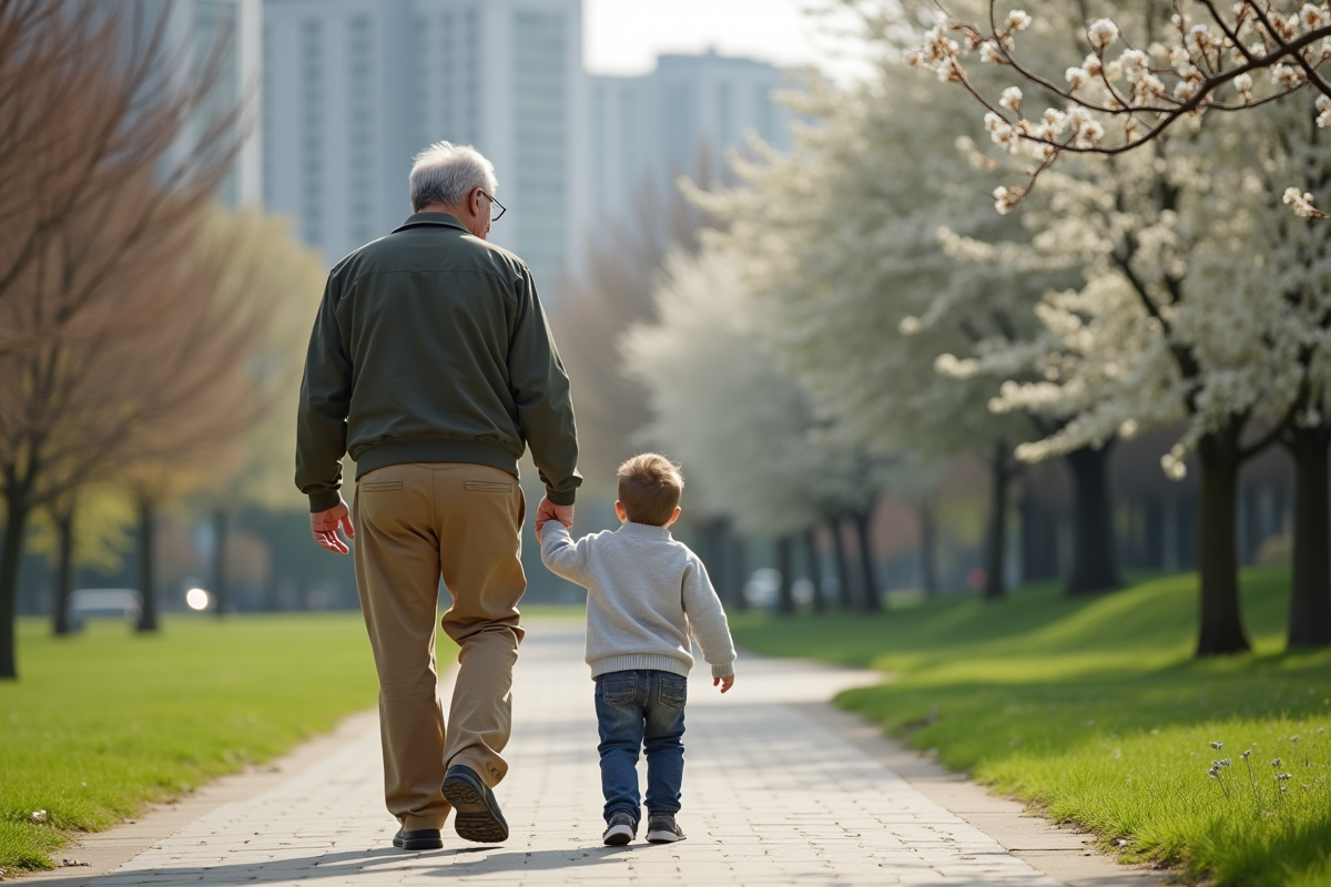 Père et fils marchant dans un parc urbain verdoyant