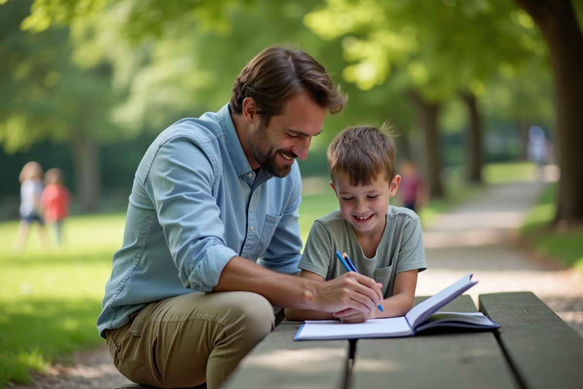 Pere et fils travaillent sur un projet dans un parc