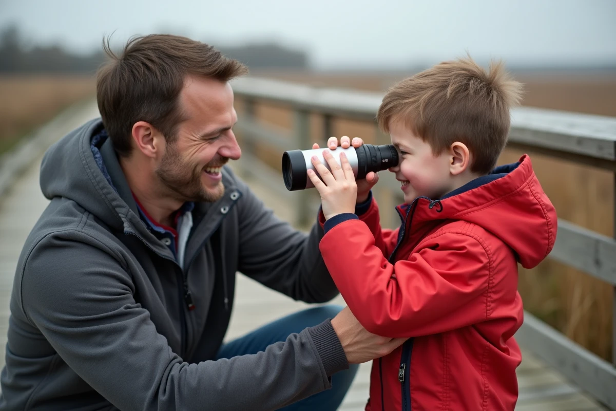 Pere et fils regardant à travers des jumelles sur une plateforme