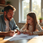 Père et fille remplissant des documents à la cuisine