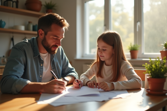 Père et fille remplissant des documents à la cuisine