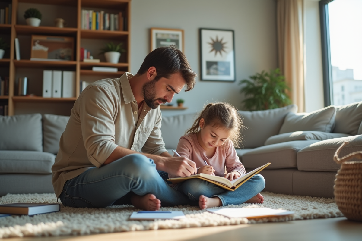 Père et fille travaillant ensemble dans le salon