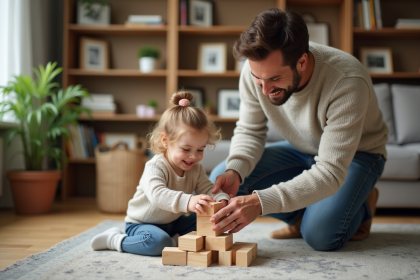 Père et fille jouant avec des blocs en intérieur chaleureux