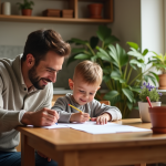 Père et fils dessinant à la table dans une cuisine chaleureuse