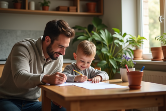 Père et fils dessinant à la table dans une cuisine chaleureuse