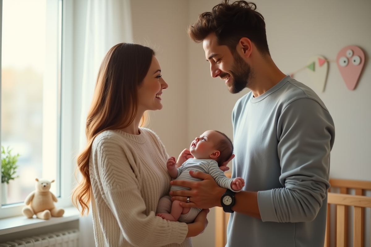 Papa montrant son bébé à la maman dans une nurserie lumineuse