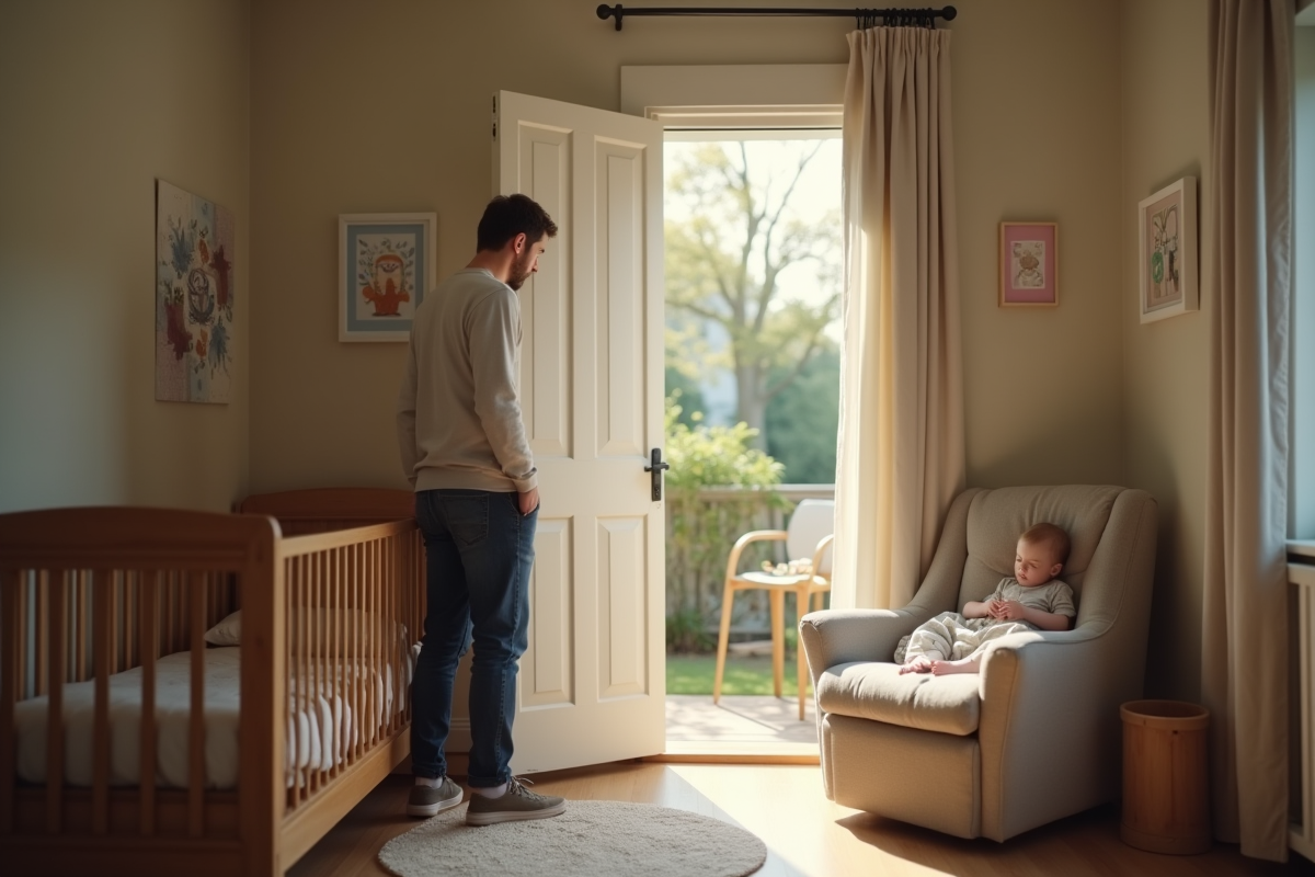 Père vérifiant tranquillement sa fille endormie dans sa chambre