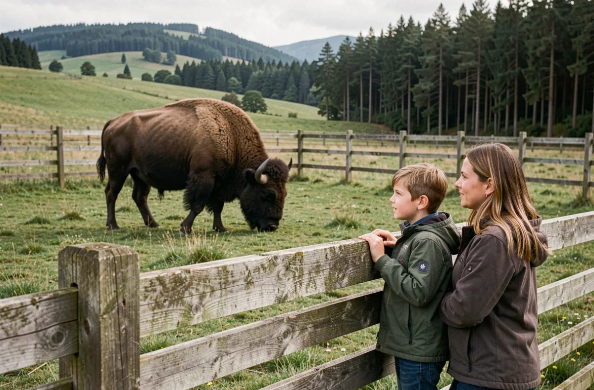 Jeune garçon et sa mère observant un bison au Parc Animalier d'Auvergne à Ardes