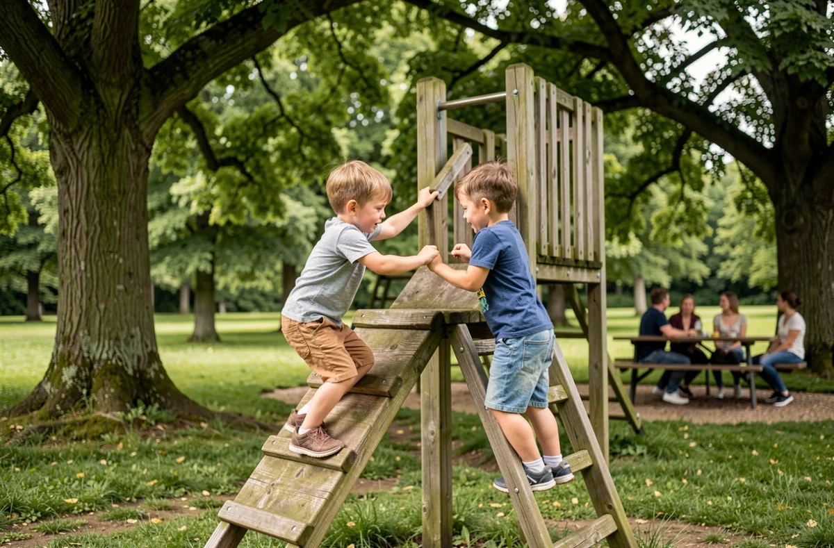 Enfants jouant sur les structures en bois du Parc Mirabel à Ménétrol en plein air