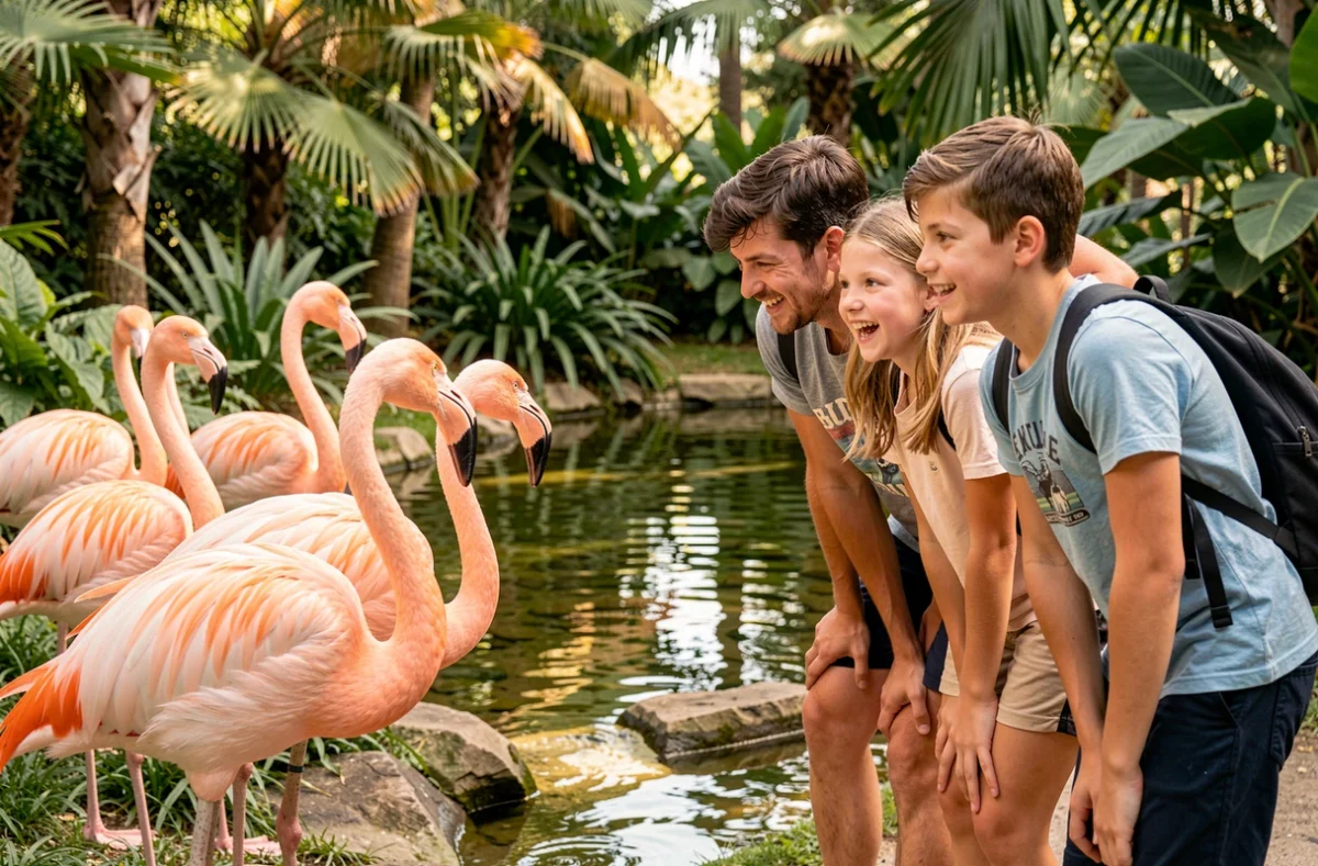 Père et deux adolescents observant des flamants roses et des oiseaux exotiques au Parc zoologique et botanique de Mulhouse