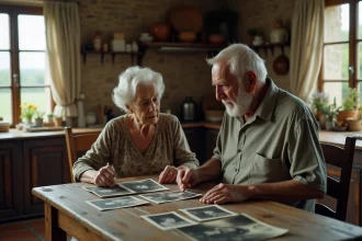 Couple de parents âgés regardant des photos de famille anciennes dans une cuisine rustique française, évoquant l'histoire vraie derrière le film Christian Rossi
