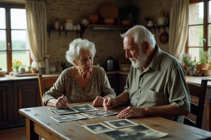 Couple de parents âgés regardant des photos de famille anciennes dans une cuisine rustique française, évoquant l'histoire vraie derrière le film Christian Rossi
