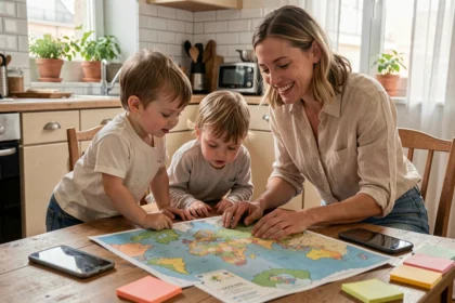 Mère fatiguée planifiant rapidement une sortie en Île-de-France avec ses enfants de 3 à 5 ans autour d'une carte sur la table de cuisine