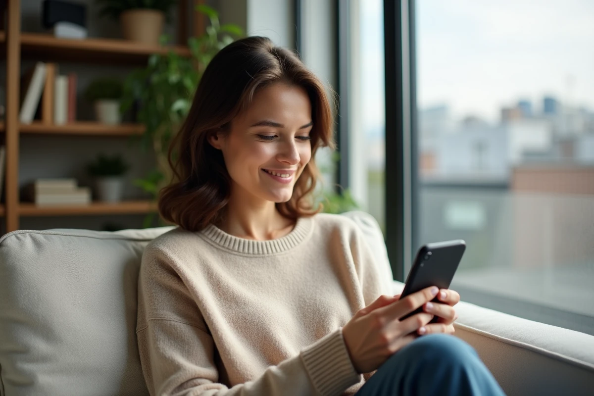 Femme pensive regardant son téléphone dans un appartement moderne, évoquant la vie sentimentale et la situation amoureuse de Pauline Sanzey