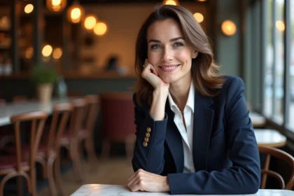 Femme élégante souriante dans un café parisien, illustrant la vie amoureuse et personnelle de Pauline Sanzey