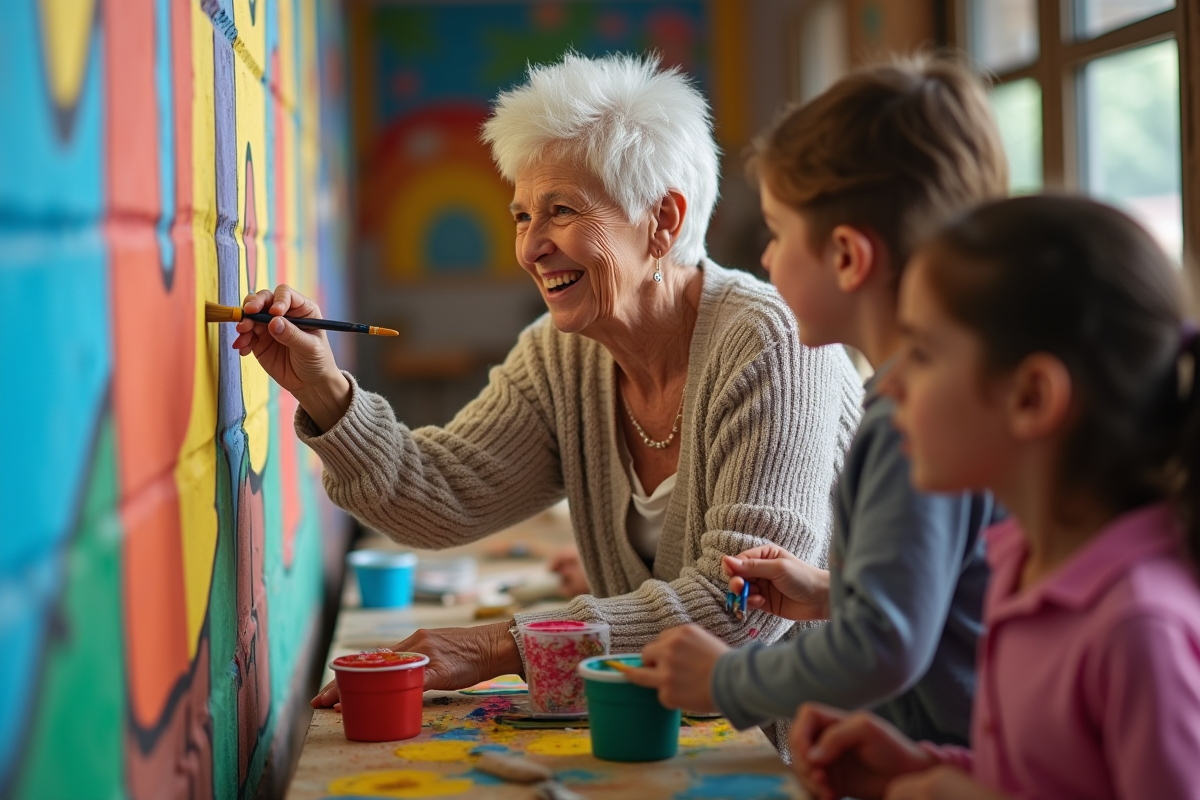 Seniore guidant des enfants peignant un mur coloré