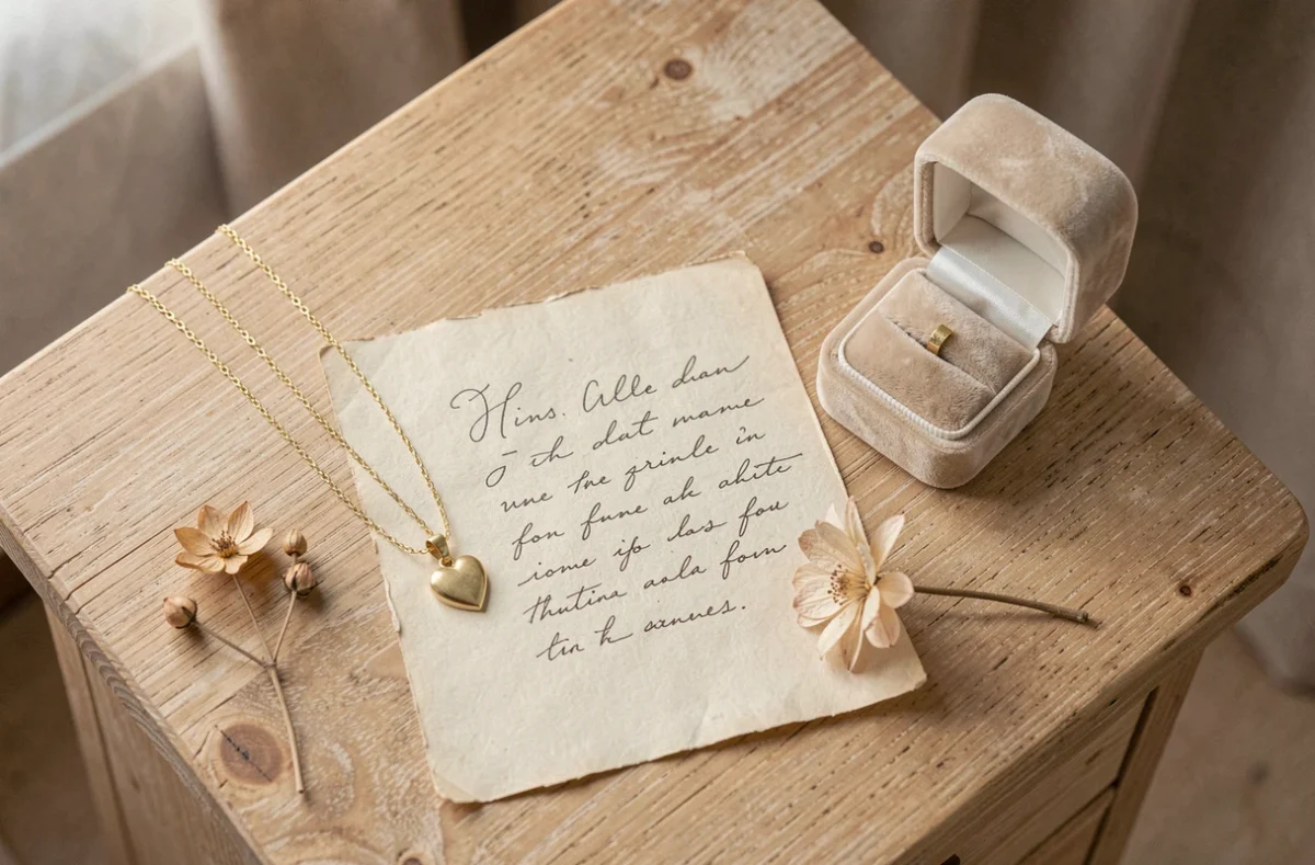 Flat-lay d'un pendentif doré souvenir pour maman avec note manuscrite et écrin en velours