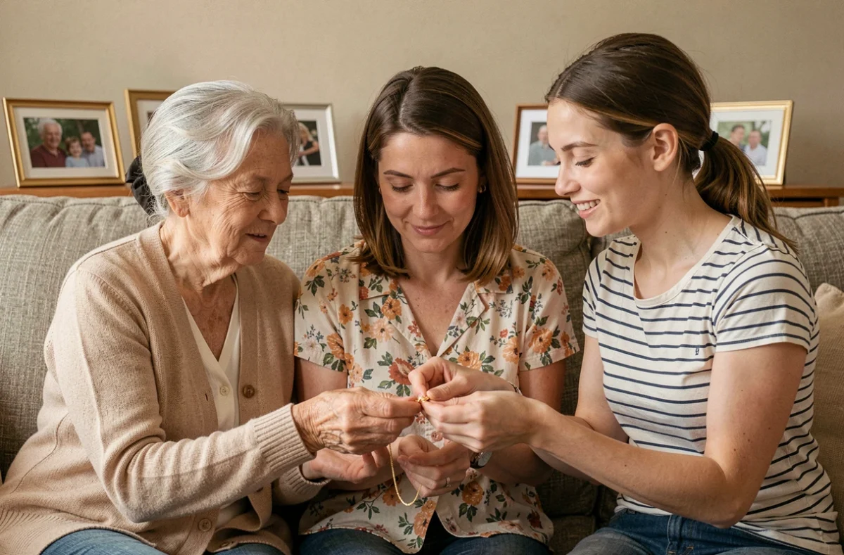 Trois générations de femmes partageant un pendentif souvenir familial sur un canapé