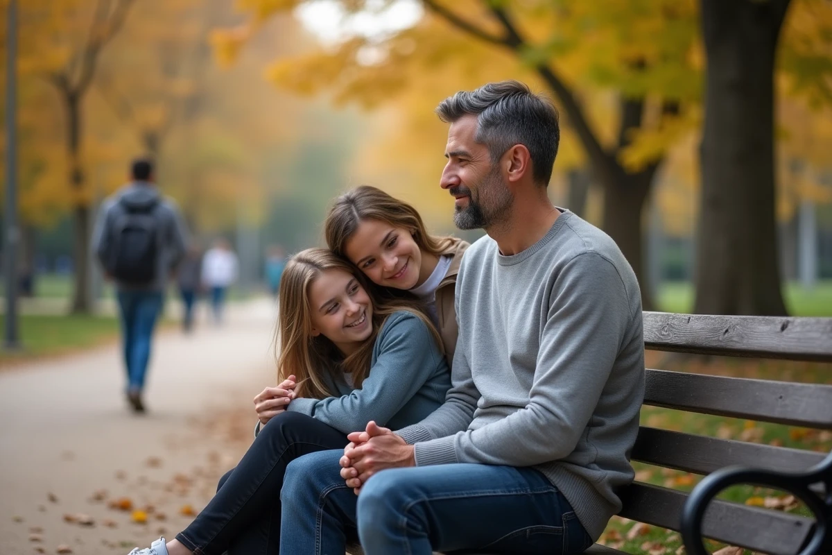 Père assis sur un banc de parc parisien en automne avec deux adolescents dans une atmosphère familiale détendue