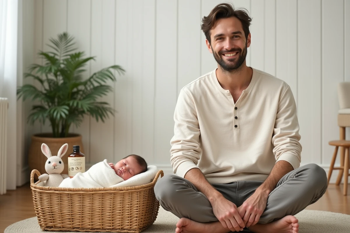 Père et nouveau-né dans une chambre minimaliste avec un panier cadeau naissance éco-responsable en osier