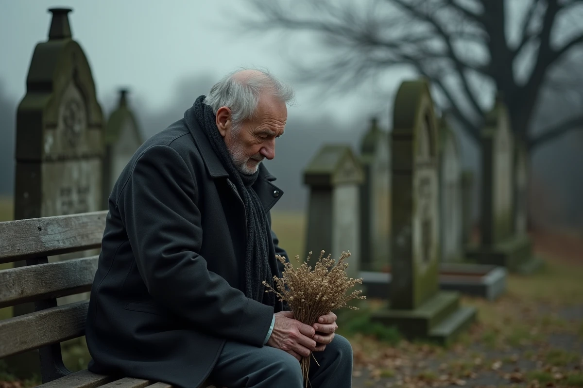 Homme âgé assis seul dans un cimetière de village français tenant des fleurs séchées, évoquant le deuil et la vérité derrière l'histoire des parents de Christian Rossi