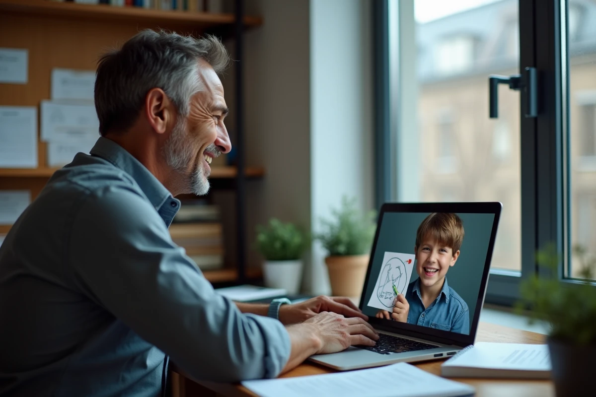 Père en visioconférence avec son fils pour suivre son cartable scolaire à distance, coparentalité après séparation