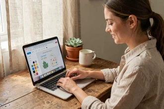 Femme personnalisant un bavoir bébé en ligne sur un ordinateur portable depuis un bureau à domicile